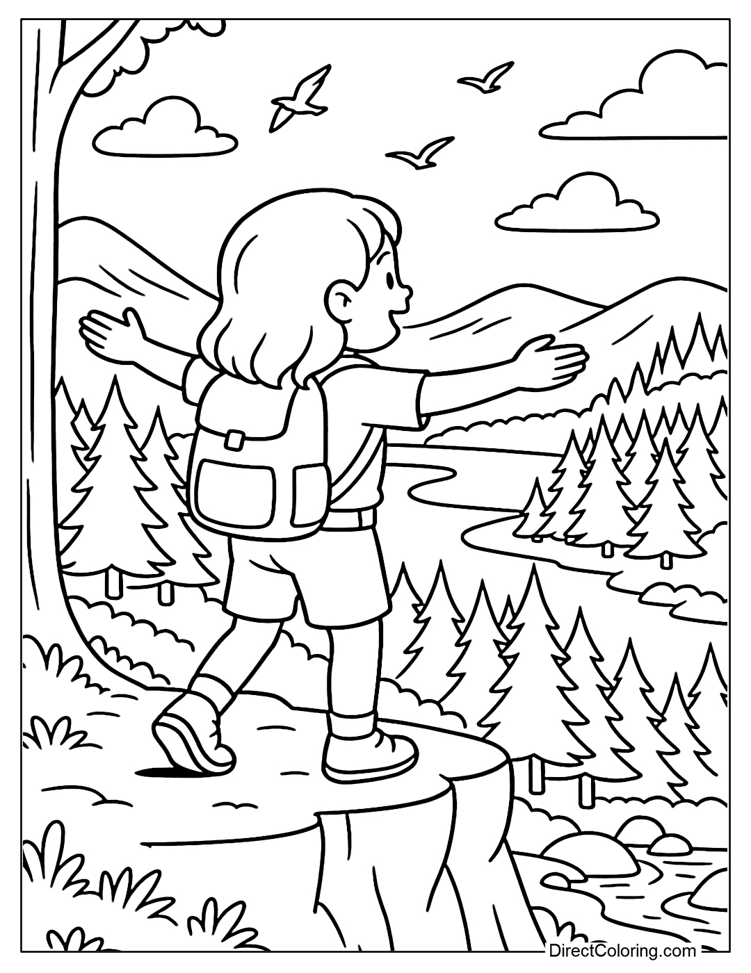 Coloring page of a girl standing on a high peak, arms outstretched looking down at a valley, with a view of a forest, lake and flying birds.
